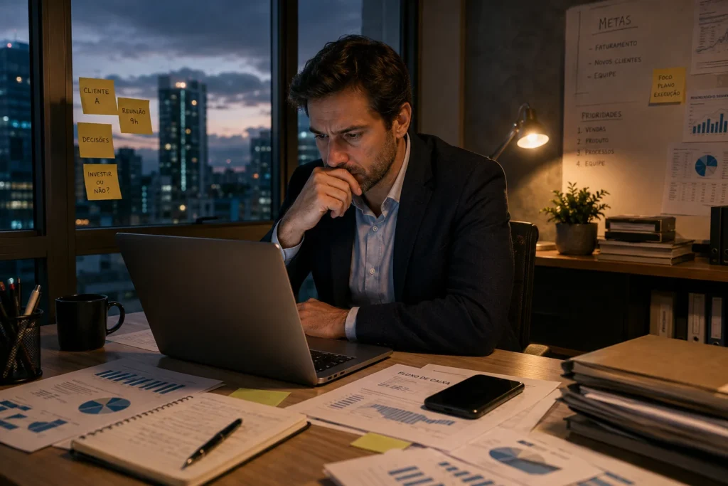 Empresário com ansiedade ao empreender diante de decisões e incertezas