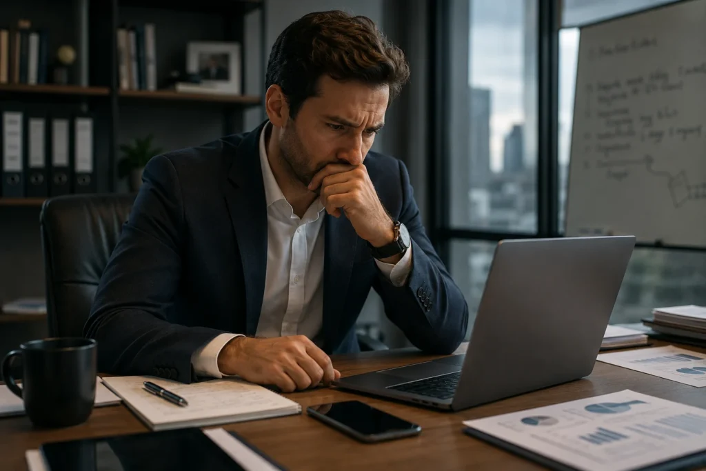 Profissional com ansiedade no trabalho antes de uma reunião importante