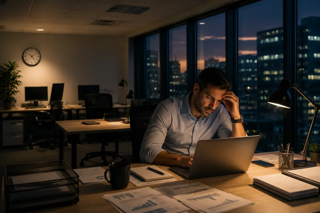 Empresário com estresse no trabalho continuando a trabalhar no fim do expediente