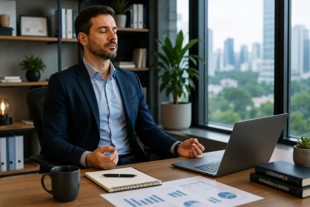 Empresário praticando meditação para ansiedade durante uma pausa no trabalho