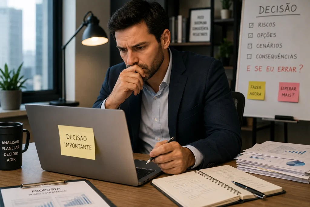 Empresário com medo de errar antes de tomar uma decisão importante